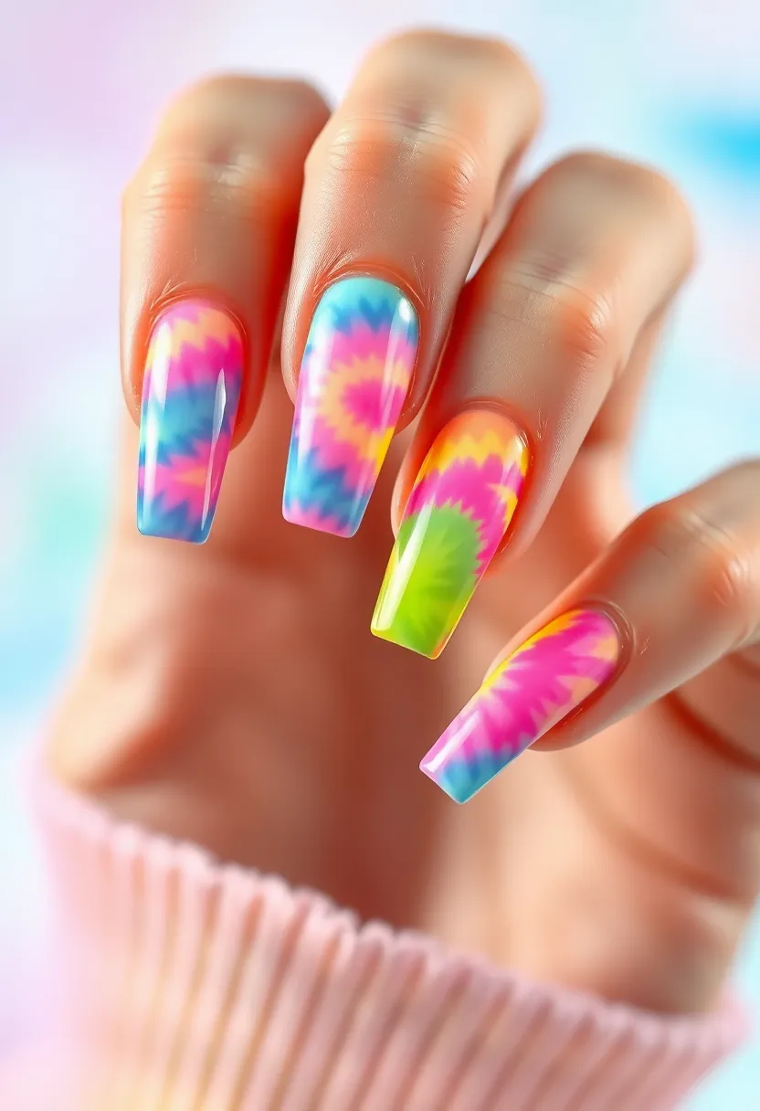 25 Elegant Long Acrylic Nail Ideas for Glam - 25. Trendy Tie-Dye Effects
