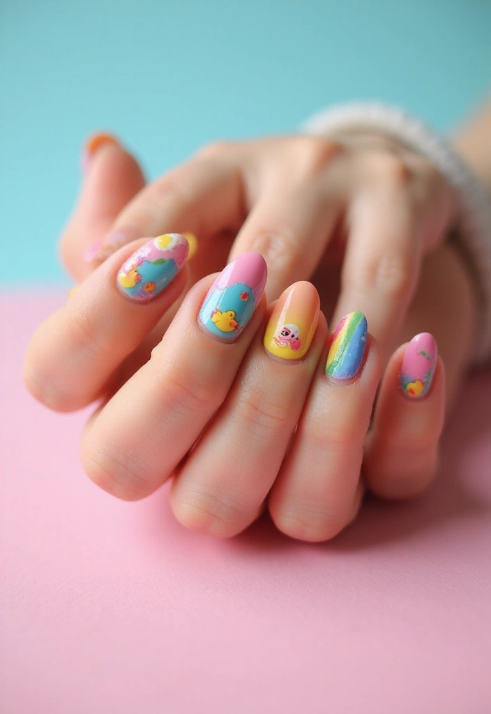 25 Fun Short Duck Acrylic Nail Ideas for Quirky Bold Statements - 11. Rainbow Duck Parade