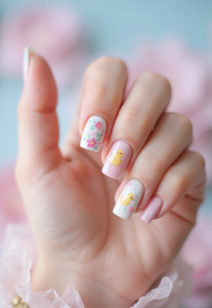 25 Fun Short Duck Acrylic Nail Ideas for Quirky Bold Statements - 12. Duck and Flower Power
