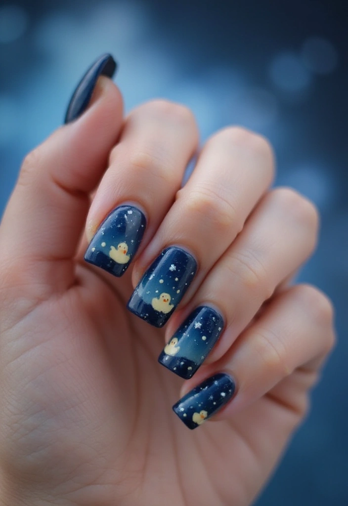 25 Fun Short Duck Acrylic Nail Ideas for Quirky Bold Statements - 15. Duck and Starry Night