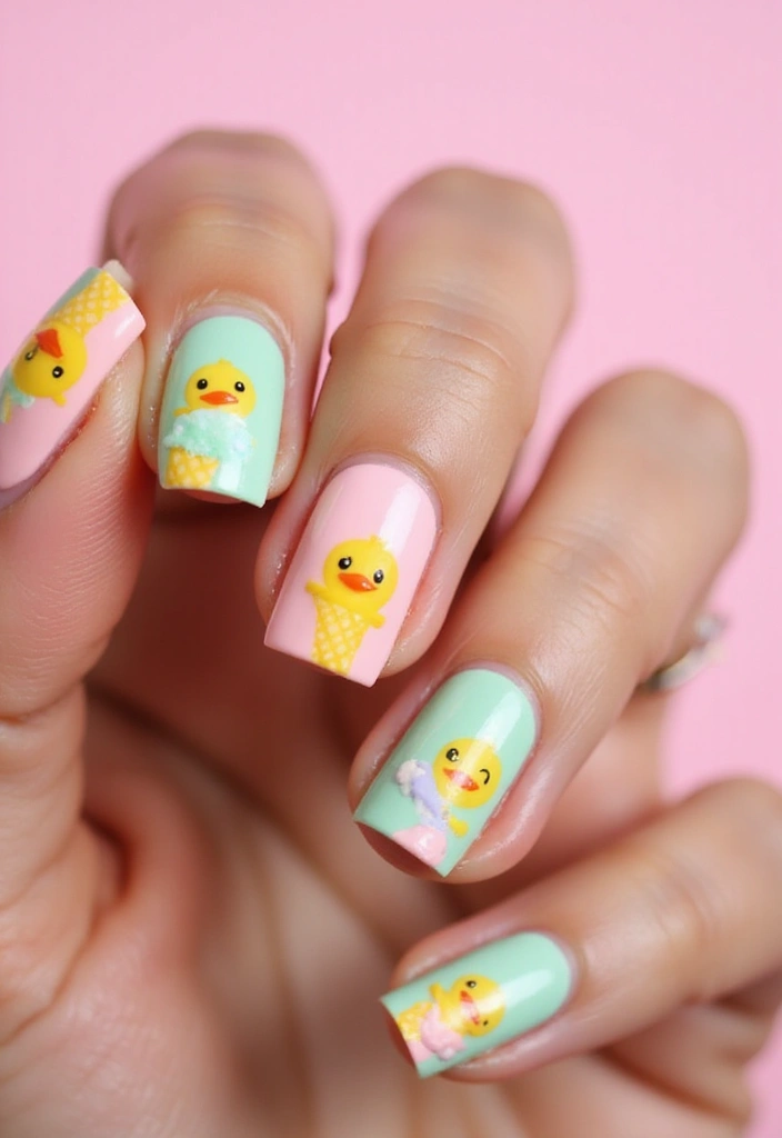 25 Fun Short Duck Acrylic Nail Ideas for Quirky Bold Statements - 24. Duck and Ice Cream