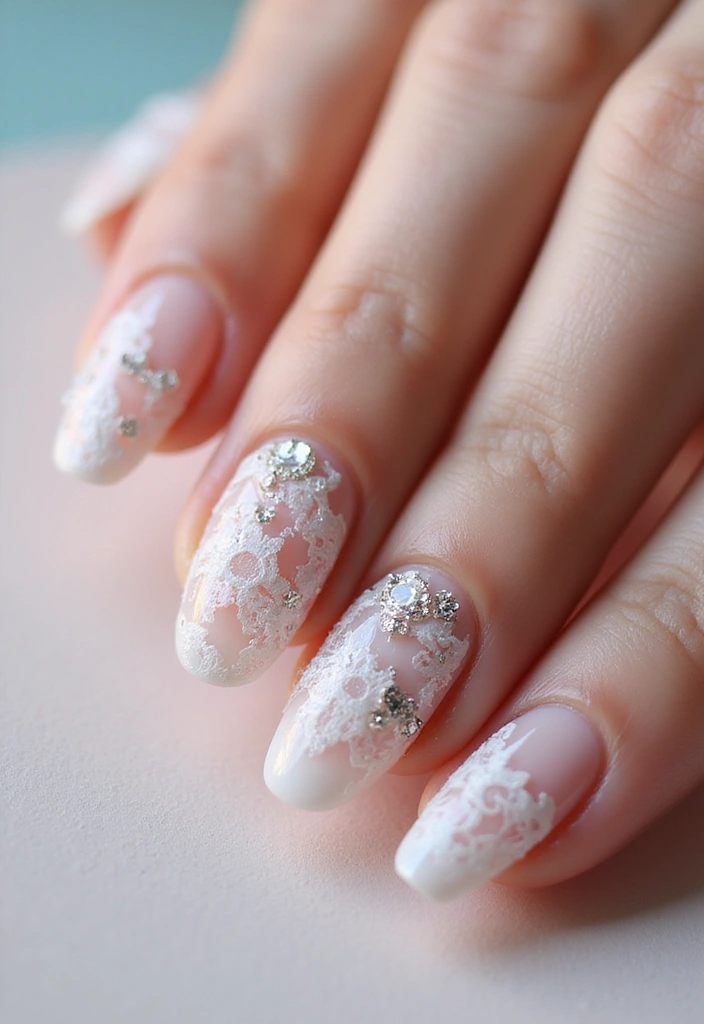 25 Glam Rhinestone Nail Design Ideas for Dazzling - 12. Elegant Lace with Rhinestones