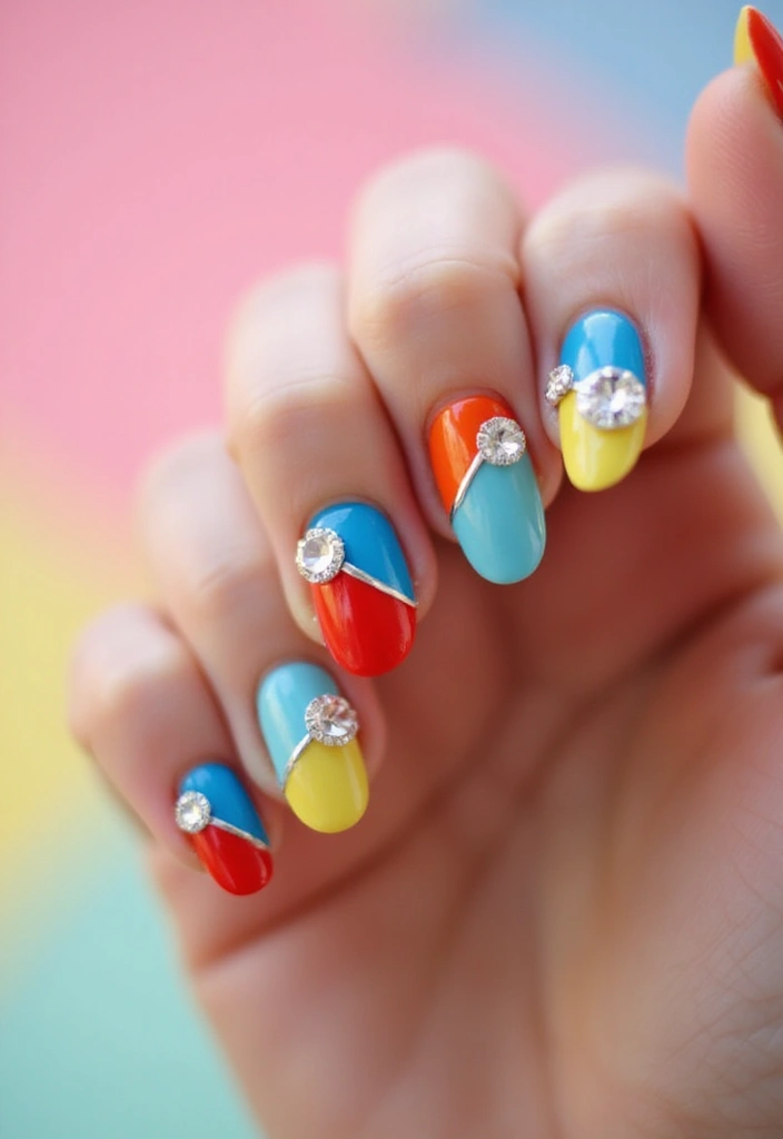 25 Glam Rhinestone Nail Design Ideas for Dazzling - 13. Color-Blocked Sparkle
