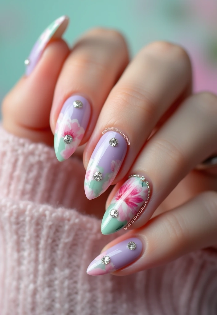 25 Glam Rhinestone Nail Design Ideas for Dazzling - 4. Floral Rhinestone Design