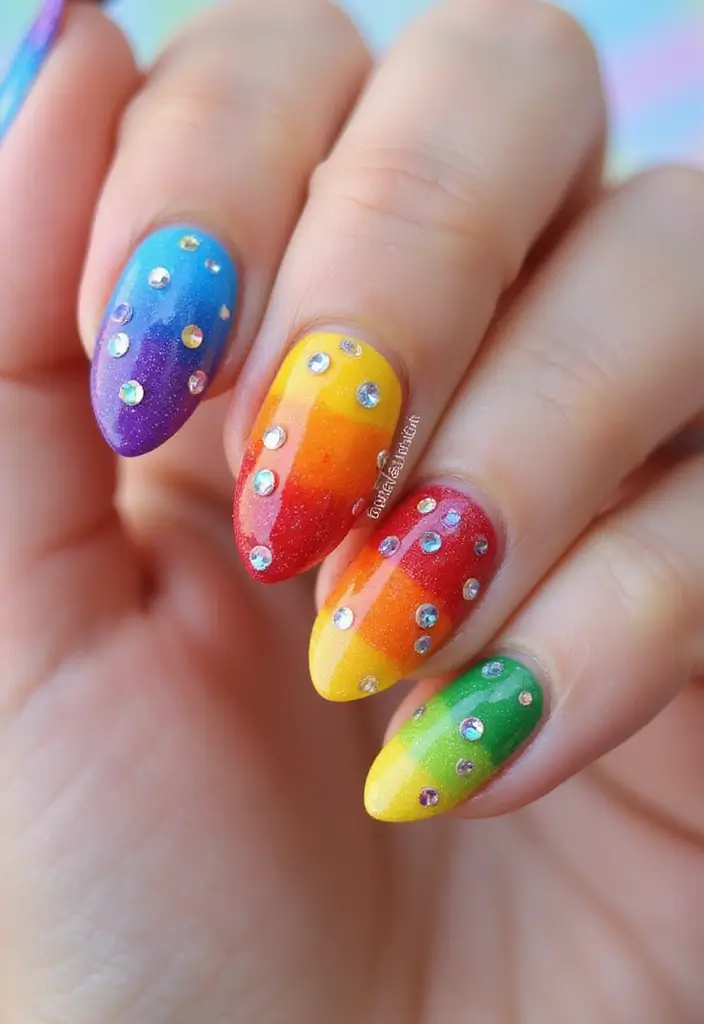 25 Glam Rhinestone Nail Design Ideas for Dazzling - 8. Rainbow Sparkle