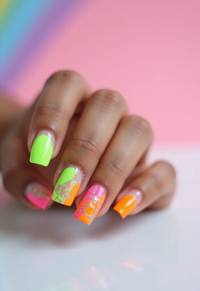 25 Medium Square Acrylic Nail Ideas for Solid Style - 17. Neon Frenzy