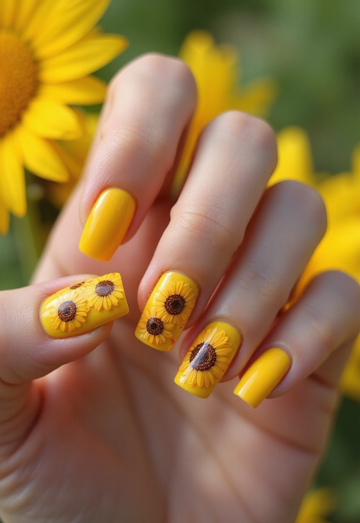 25 Medium Square Acrylic Nail Ideas for Solid Style - 21. Sunflower Dreams