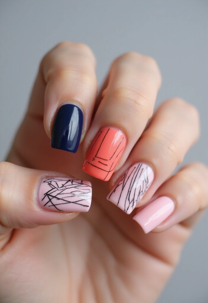 25 Medium Square Acrylic Nail Ideas for Solid Style - 23. Creative Lines