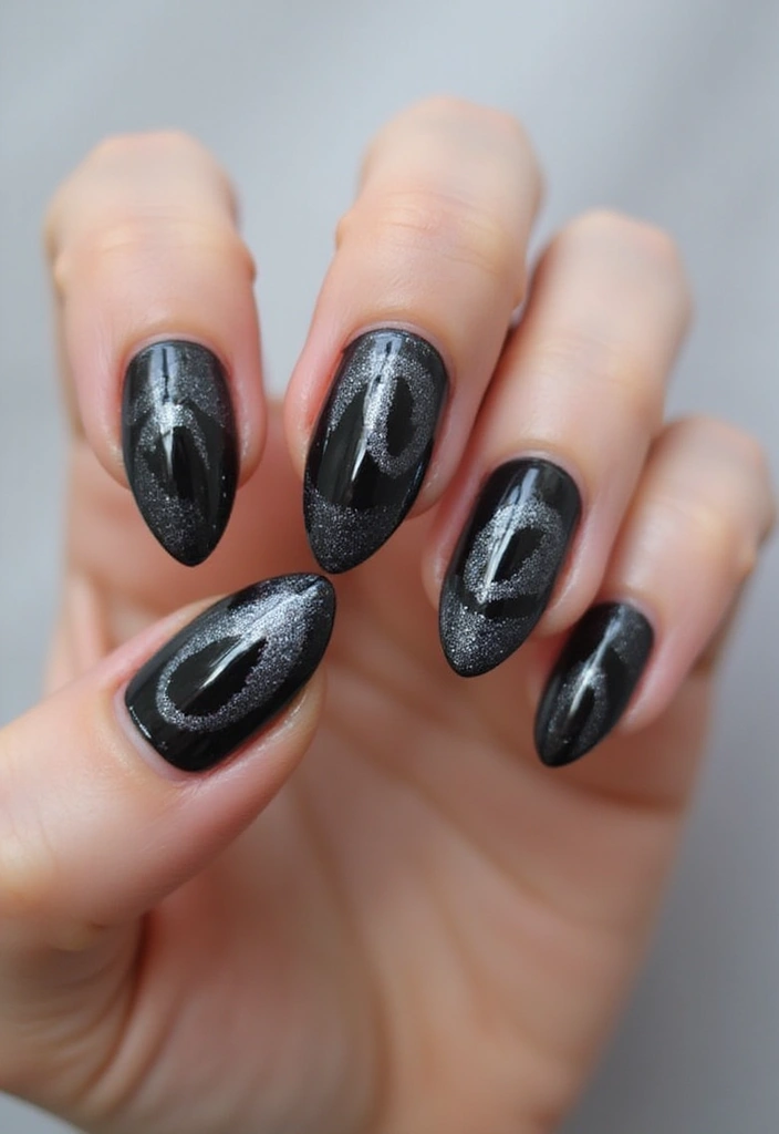 25 Mesmerizing Cat Eye Nail Ideas (Nail Mắt Mèo) for Hypnotic - 17. Edgy Black & Silver