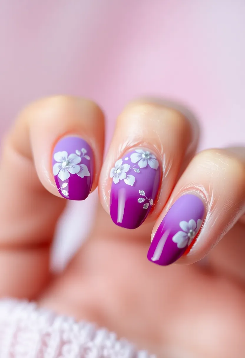 25 Mystical Purple Nail Ideas for Regal - 20. Ombre Flowers