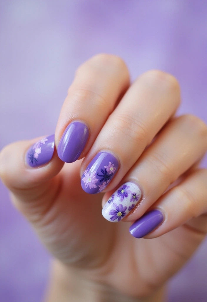 25 Mystical Purple Nail Ideas for Regal - 4. Whimsical Floral Patterns