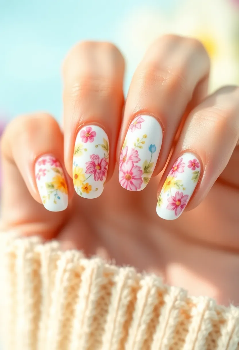 25 Pure White Nail Ideas for Ethereal - 22. White with Colorful Flowers