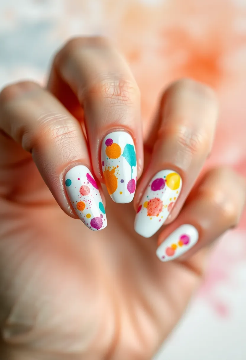 25 Pure White Nail Ideas for Ethereal - 23. White with Artistic Paint Splatter