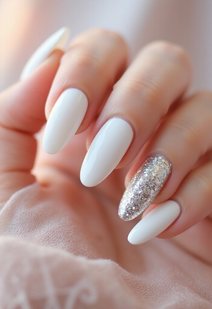 25 Pure White Nail Ideas for Ethereal - 6. White and Silver Glitter