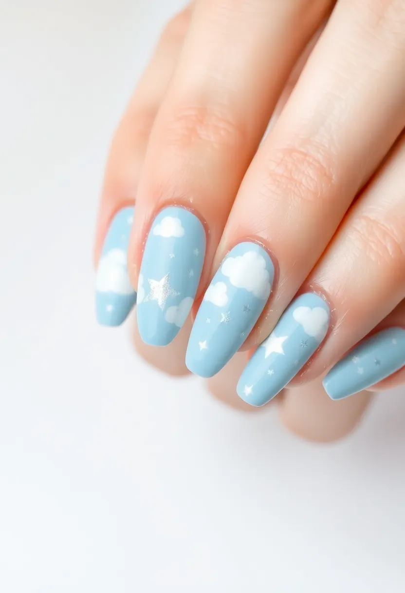 25 Starry Acrylic Nail Ideas for Nighttime: Embrace the Glamorous Twinkle - 15. Whimsical Clouds and Stars