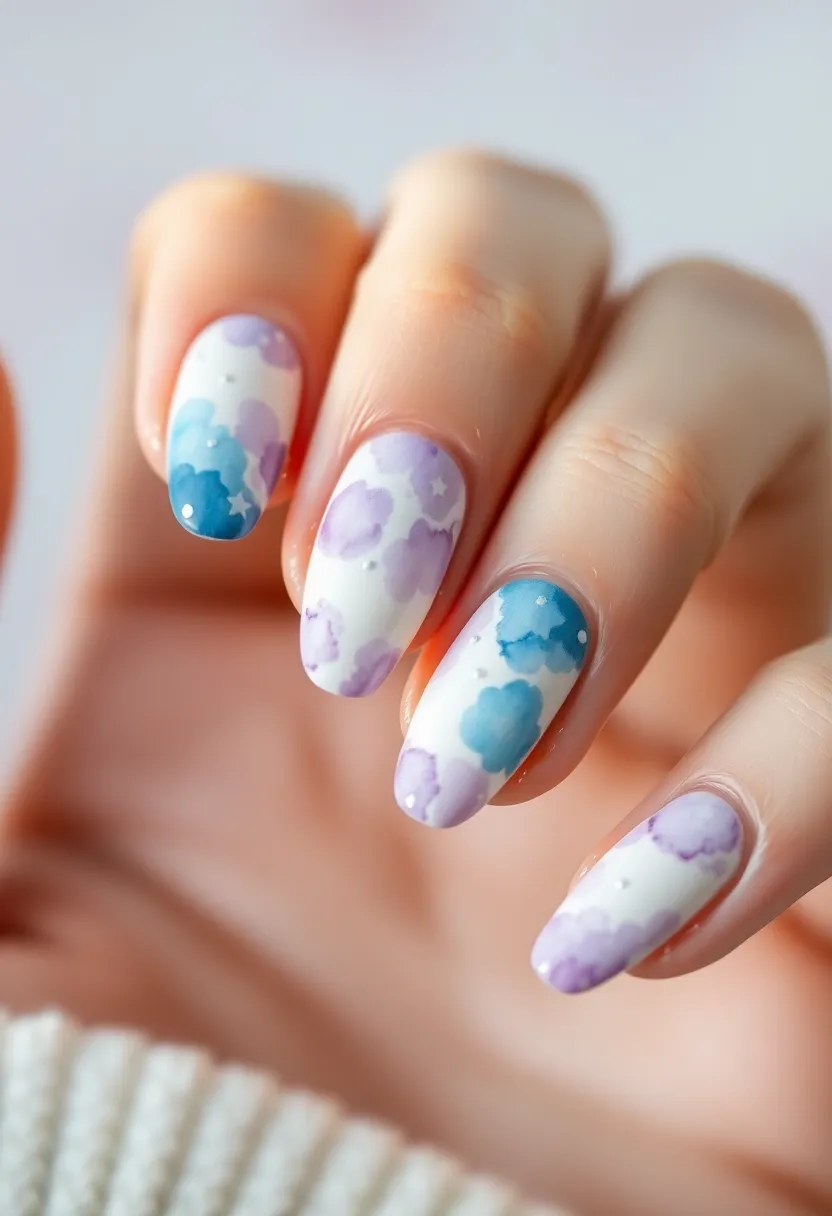 25 Starry Acrylic Nail Ideas for Nighttime: Embrace the Glamorous Twinkle - 22. Celestial Watercolor
