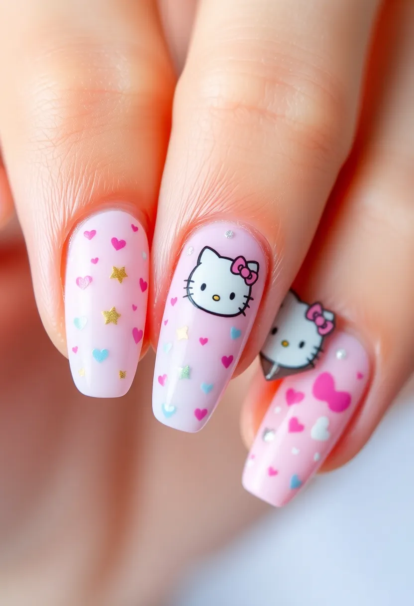 25 Whimsical Hello Kitty Nail Ideas for Iconic Cuteness - 11. Hello Kitty Hearts and Stars