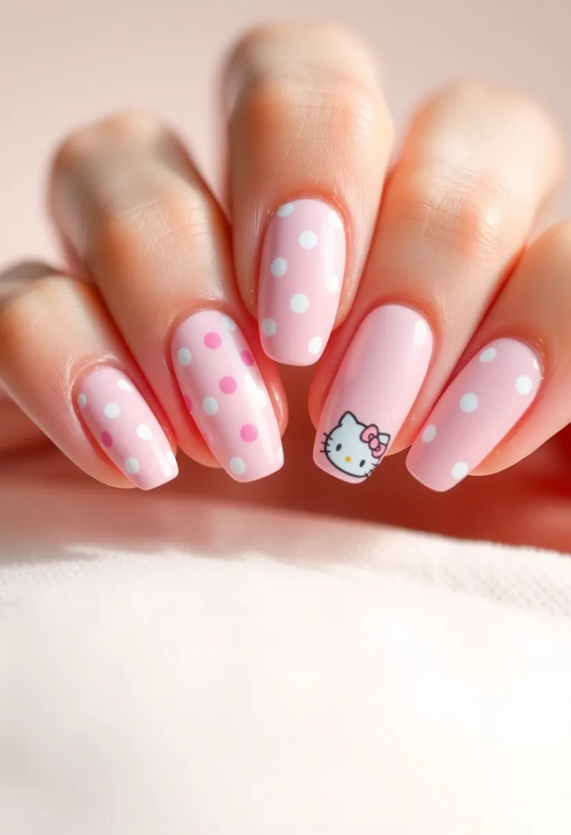 25 Whimsical Hello Kitty Nail Ideas for Iconic Cuteness - 15. Pastel Polka Dot Hello Kitty