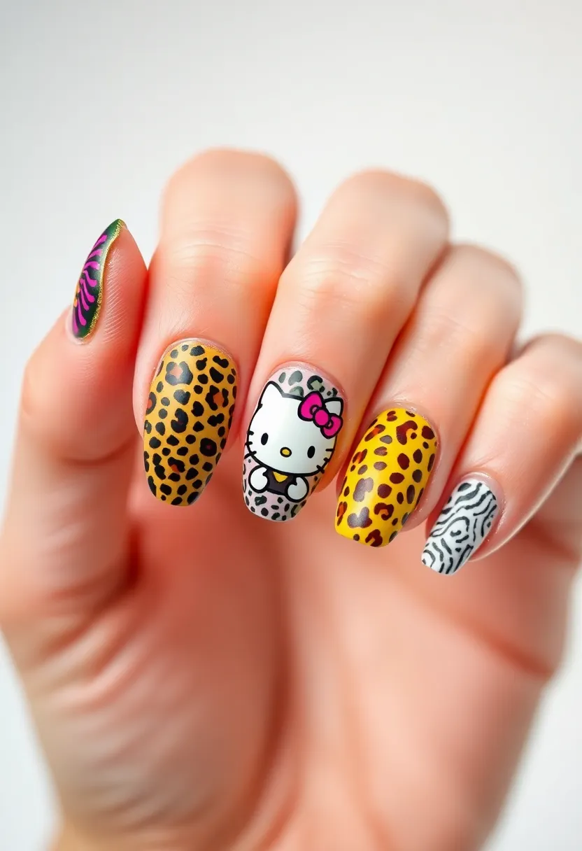 25 Whimsical Hello Kitty Nail Ideas for Iconic Cuteness - 18. Hello Kitty with Animal Prints