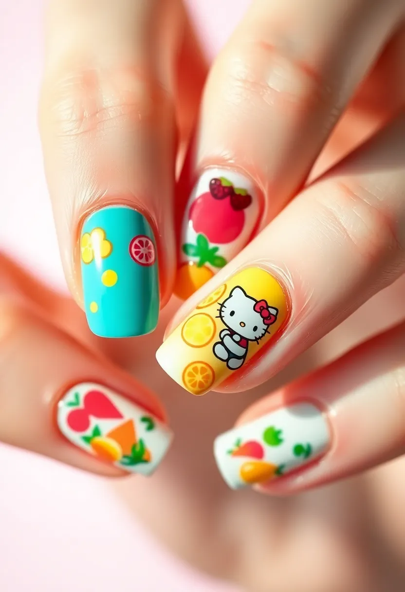 25 Whimsical Hello Kitty Nail Ideas for Iconic Cuteness - 19. Hello Kitty and Fruit Designs