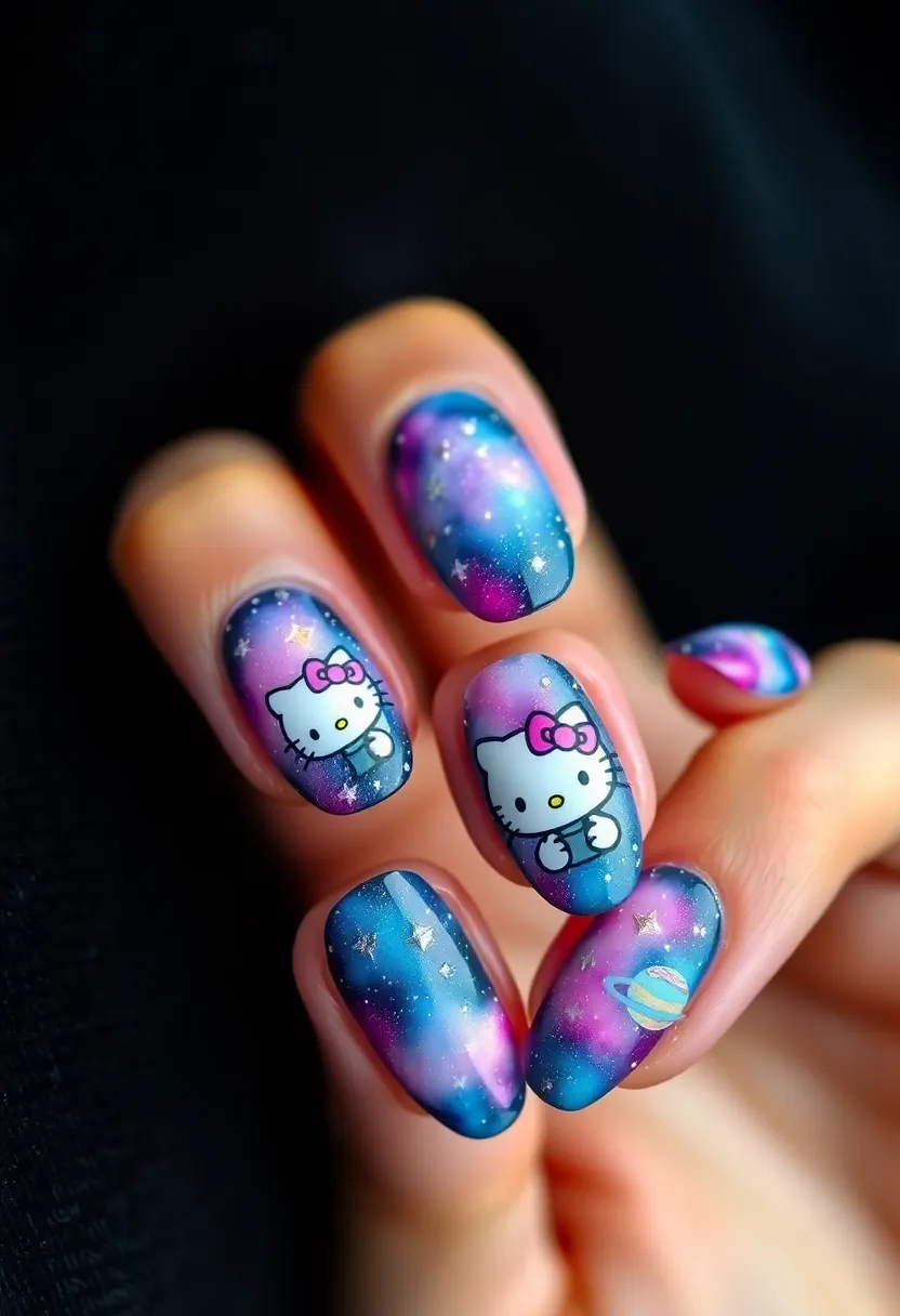 25 Whimsical Hello Kitty Nail Ideas for Iconic Cuteness - 21. Hello Kitty and Galaxies