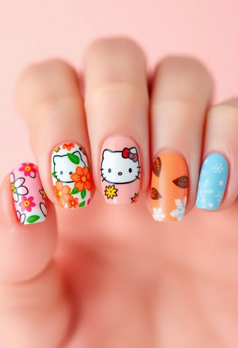 25 Whimsical Hello Kitty Nail Ideas for Iconic Cuteness - 25. Hello Kitty with Seasonal Themes