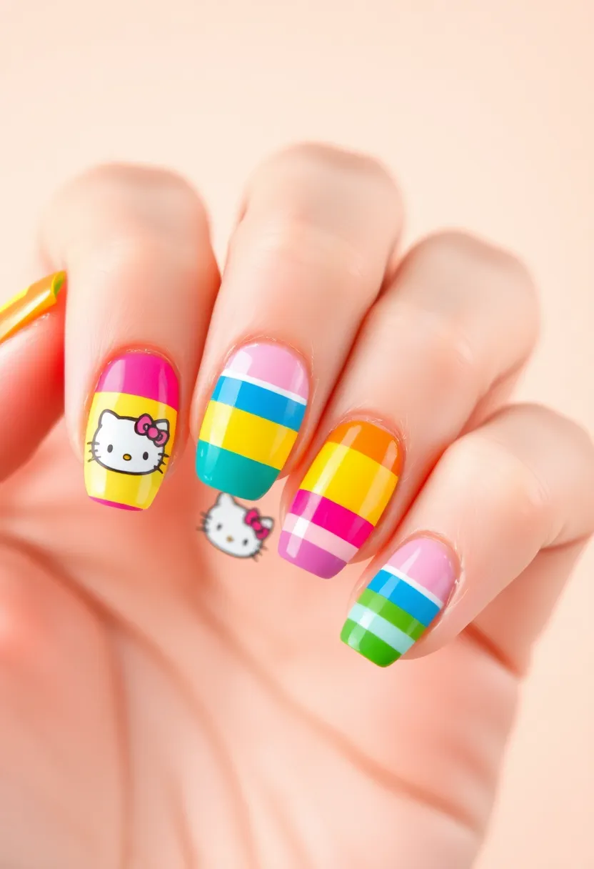 25 Whimsical Hello Kitty Nail Ideas for Iconic Cuteness - 8. Colorful Stripes with Hello Kitty