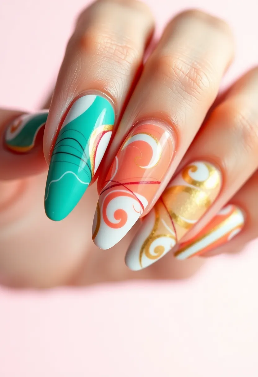26 Almond Shape Nail Ideas for Sleek Seductive Silhouettes - 14. Artistic Abstract Swirls