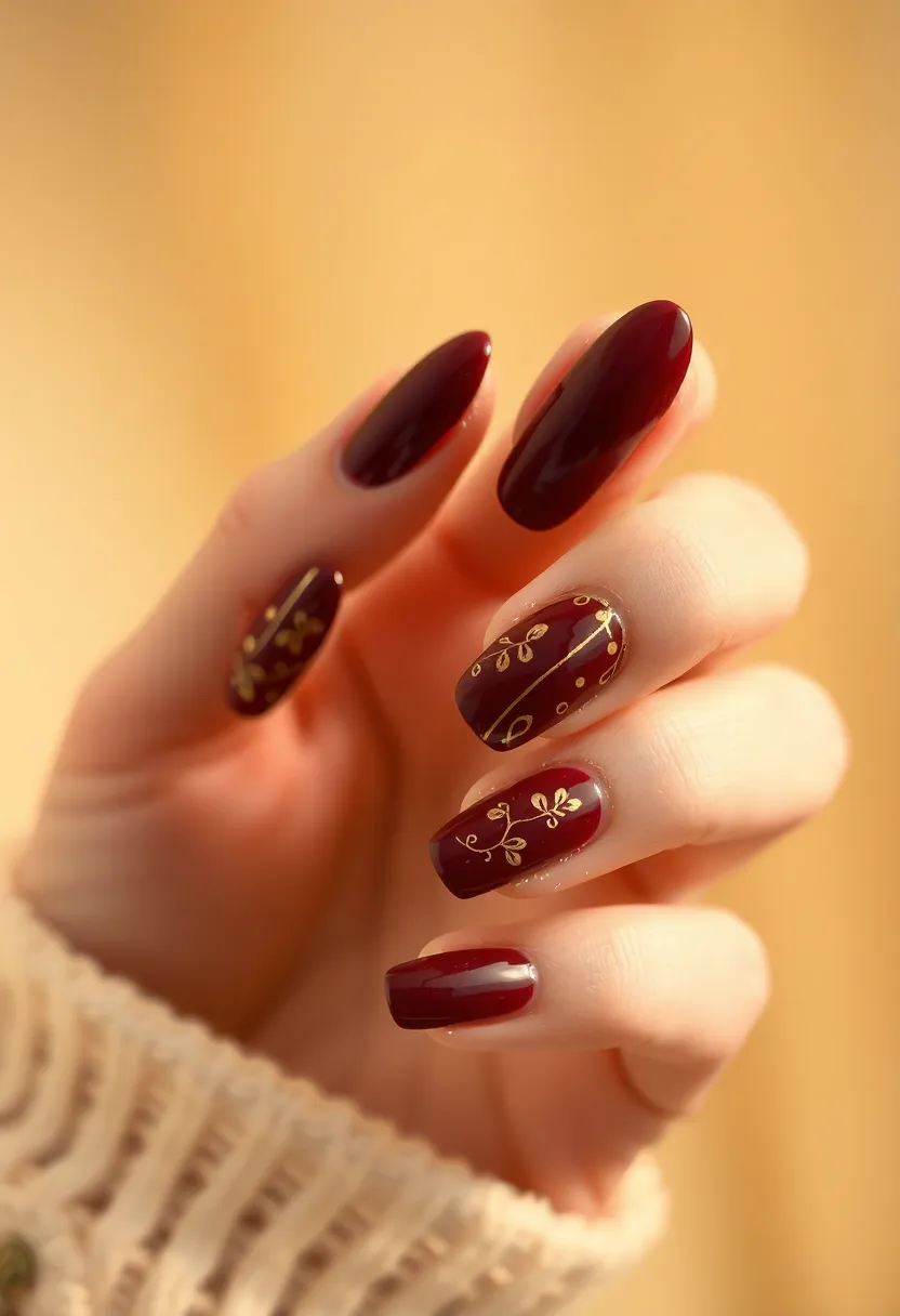 26 Almond Shape Nail Ideas for Sleek Seductive Silhouettes - 21. Vintage Maroon with Gold Accents