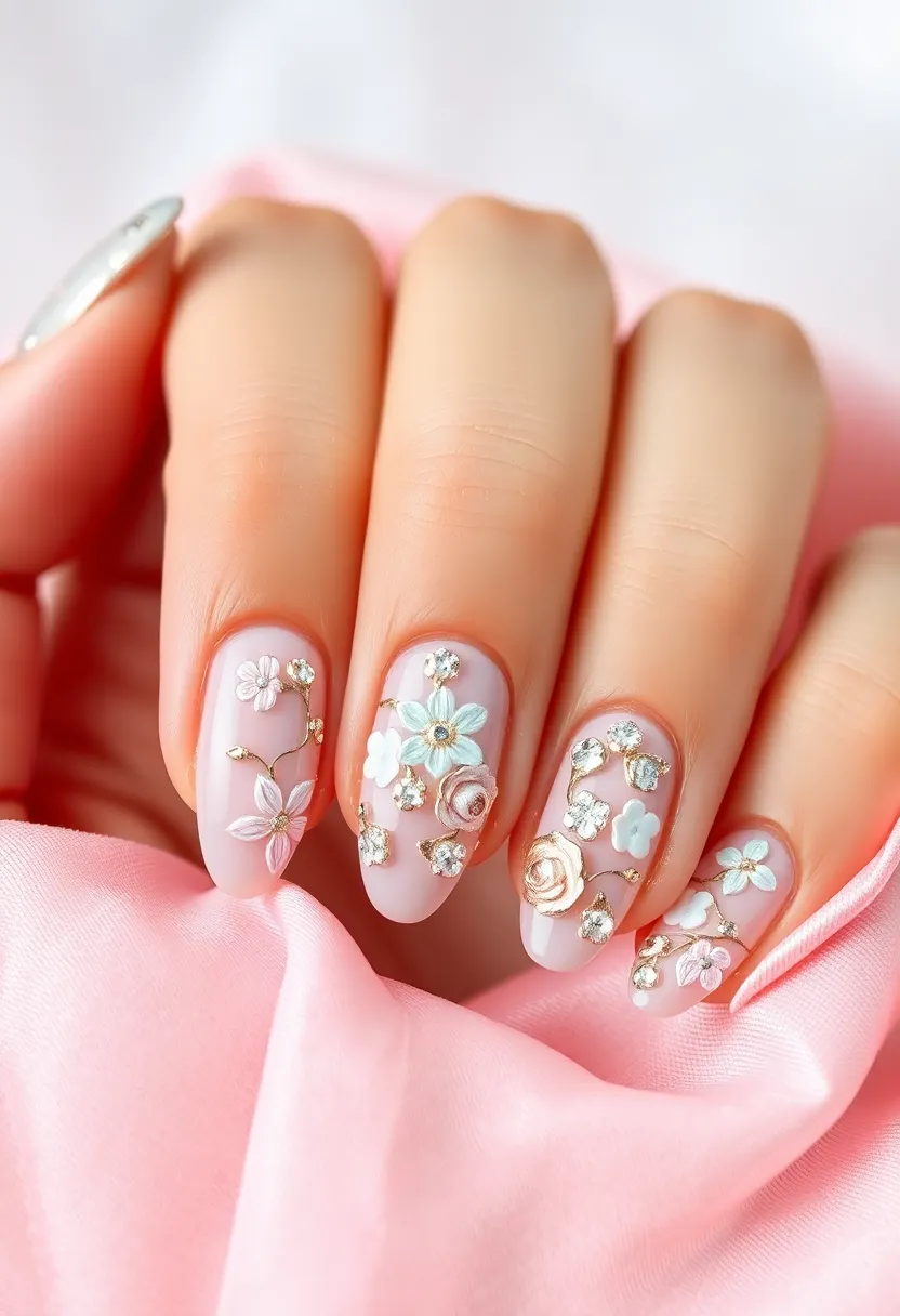 26 Delicate Nails with Flowers for Romantic - 16. Glistening Floral Accents
