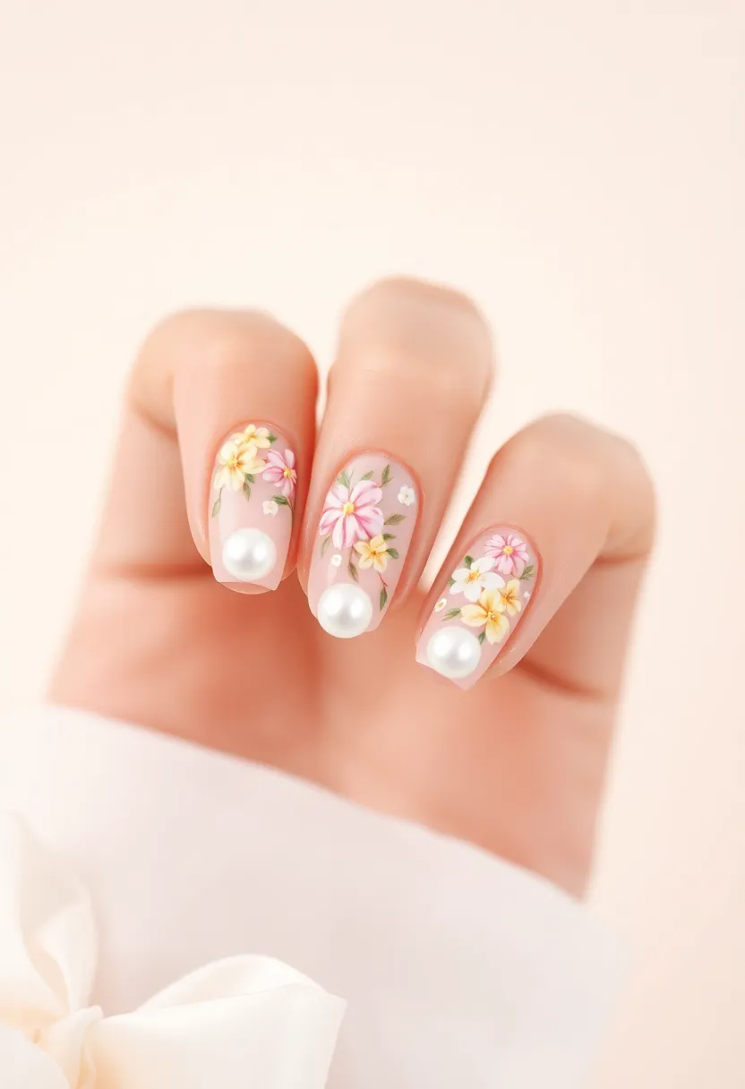 26 Delicate Nails with Flowers for Romantic - 18. Spring Floral Accents with Pearls