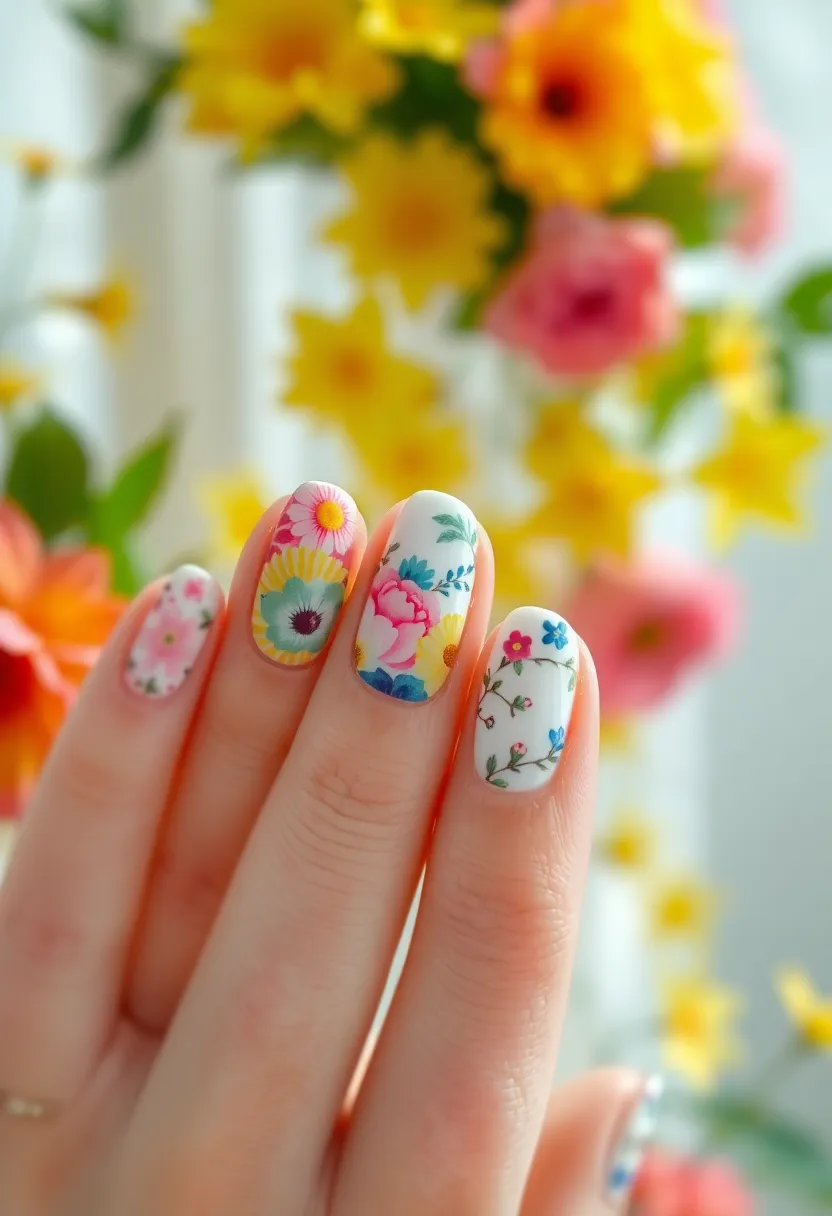 26 Delicate Nails with Flowers for Romantic - 19. Festive Floral Burst