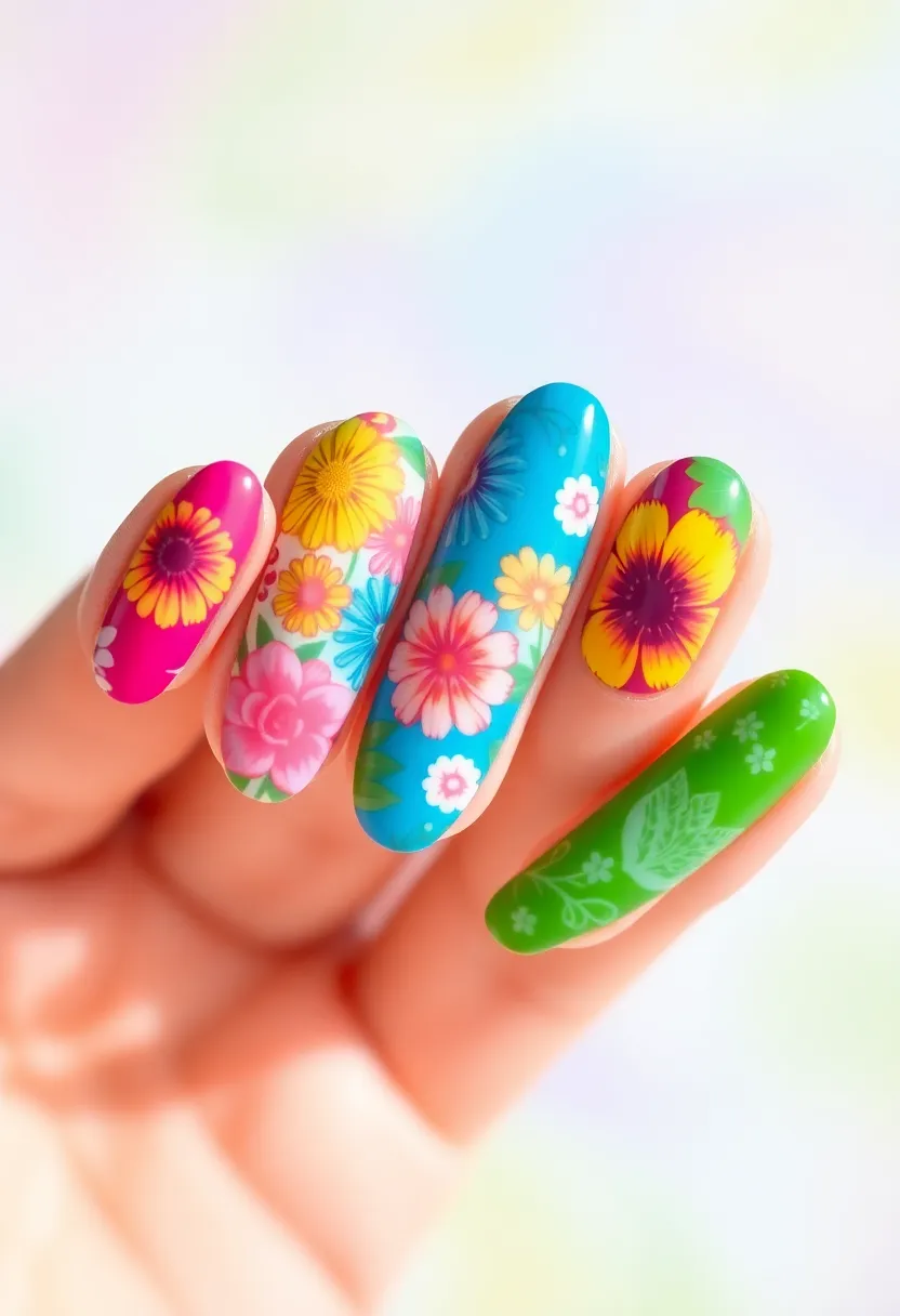 26 Delicate Nails with Flowers for Romantic - 21. Bright Floral Carnival