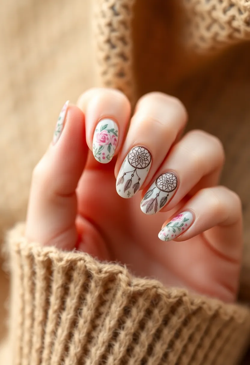 26 Delicate Nails with Flowers for Romantic - 26. Floral Dreamcatcher