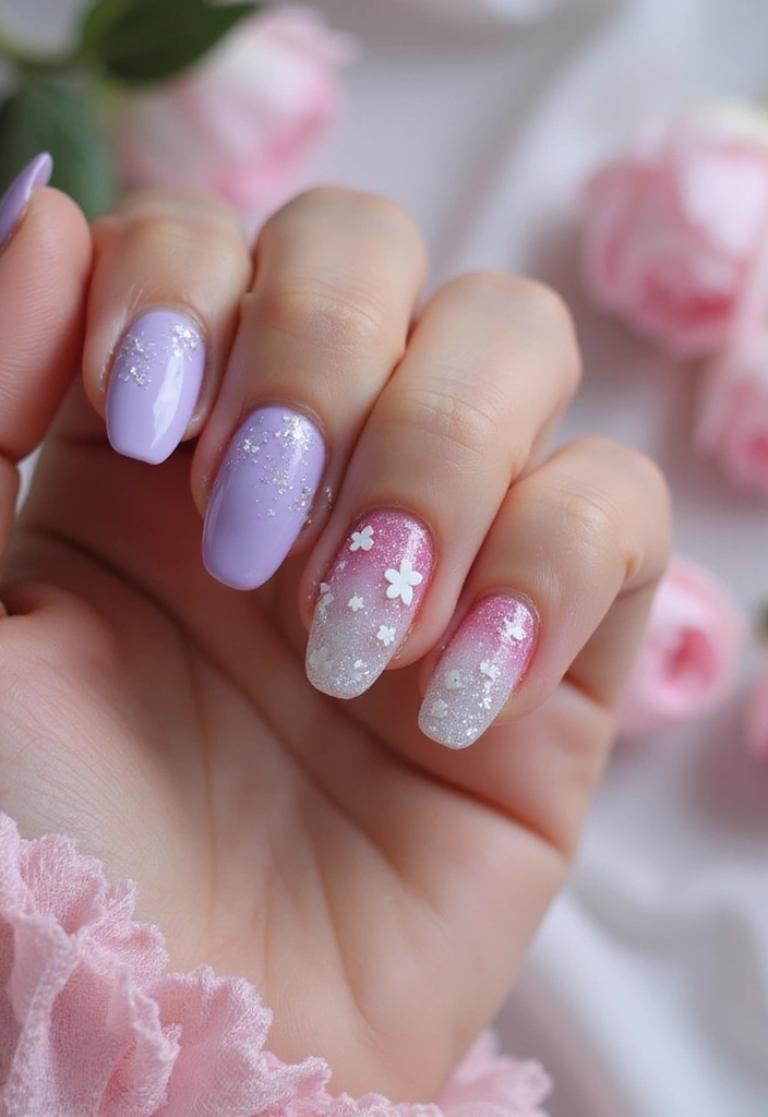 26 Delicate Nails with Flowers for Romantic - 9. Floral Glitter Ombre