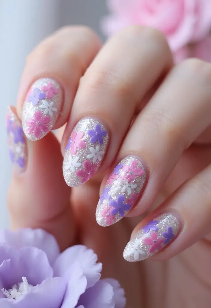 26 Floral Nail Ideas for Blooming - 23. Floral Glitter Bomb