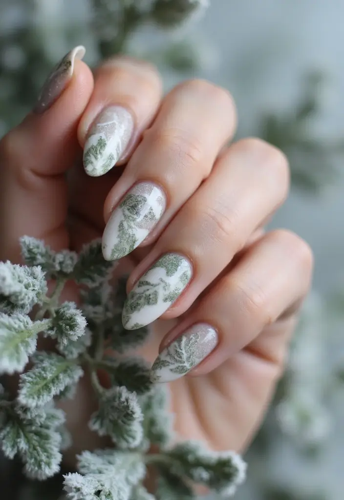 26 Magical Winter Nail Ideas for Frosty Festive Glamour - 17. Frosted Leaf Imprints