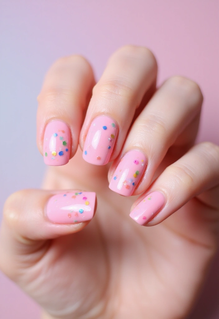 26 Soft Light Pink Nail Ideas for Gentle Elegance - 18. Rainbow Confetti
