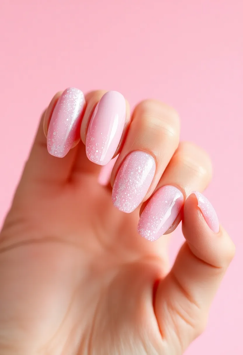 26 Soft Light Pink Nail Ideas for Gentle Elegance - 25. Soft Pink Glitter Bomb