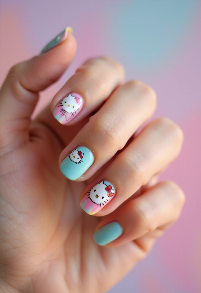 28 Adorable Hello Kitty Acrylic Nail Ideas for Kawaii Cuteness - 4. Pastel Rainbow Hello Kitty