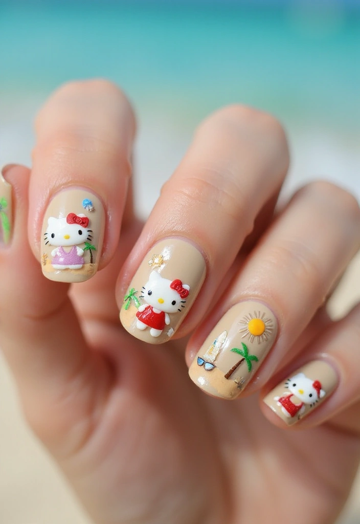 28 Adorable Hello Kitty Acrylic Nail Ideas for Kawaii Cuteness - 5. Hello Kitty on a Beach