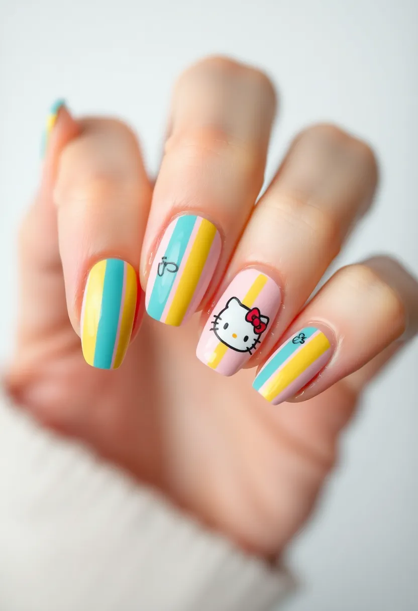 28 Adorable Hello Kitty Acrylic Nail Ideas for Kawaii Cuteness - 8. Sweet Hello Kitty Patterns with Stripes