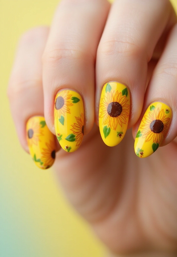 28 Blooming Spring Nail Ideas That'll Make Your Fingers Pop - 12. Seasonal Sunflower Nails