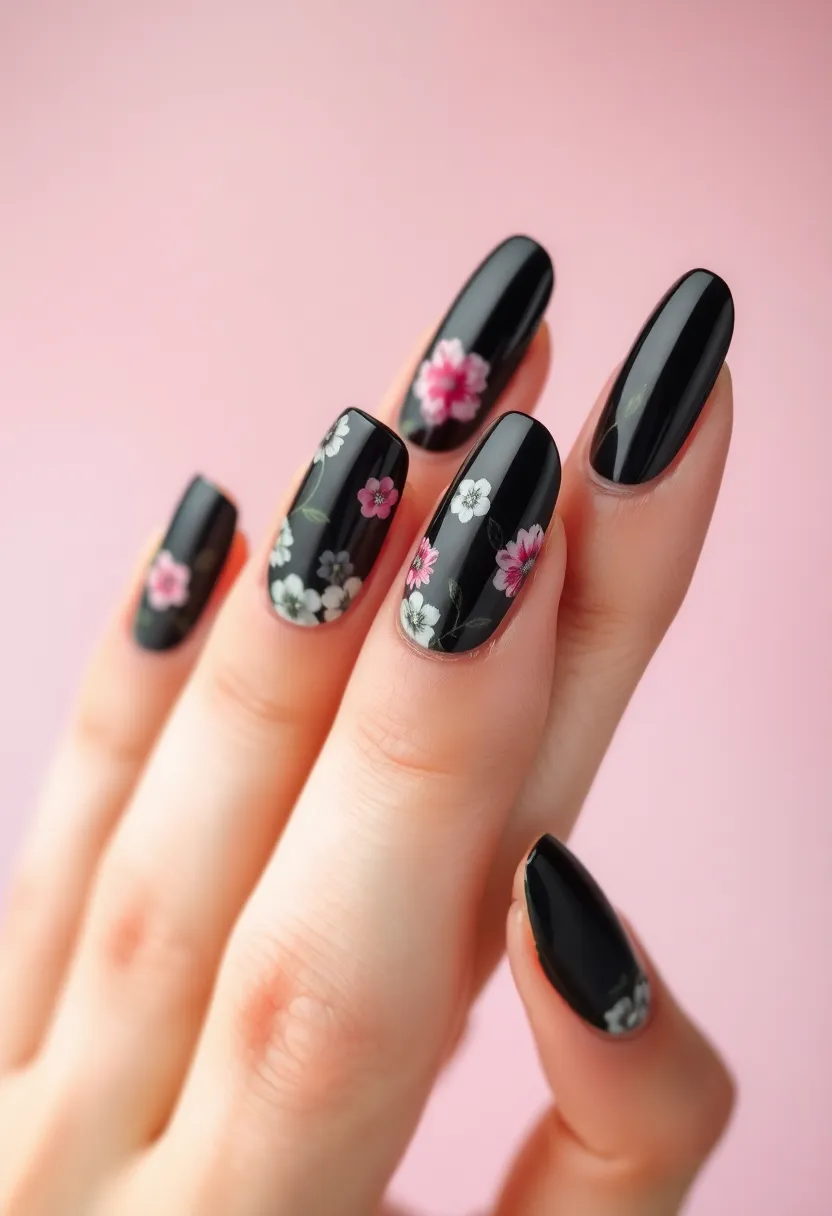 28 Bold Black Nail Ideas for Mysterious Alluring Power - 11. Black Floral Art
