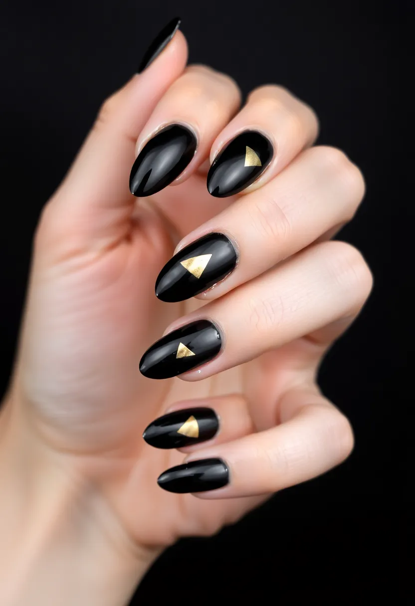 28 Bold Black Nail Ideas for Mysterious Alluring Power - 12. Black and Gold Geometric Shapes
