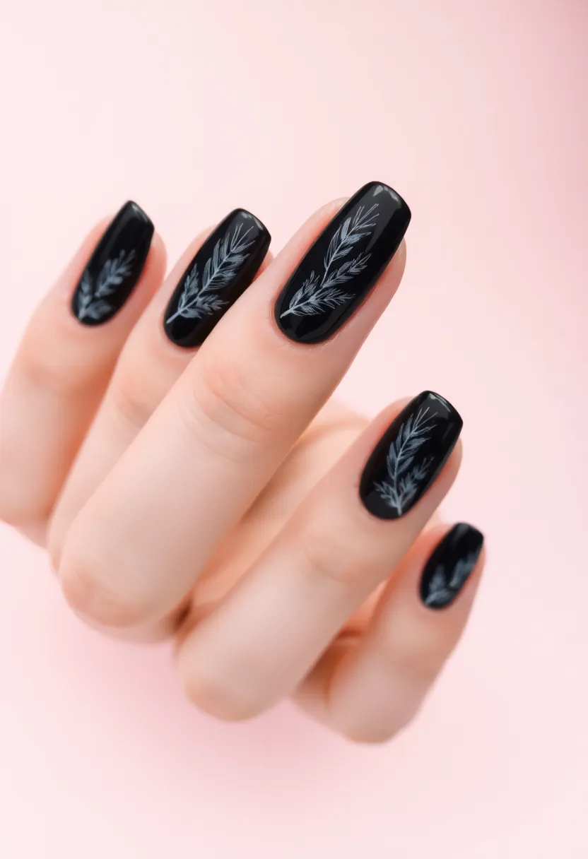 28 Bold Black Nail Ideas for Mysterious Alluring Power - 16. Black Feather Designs