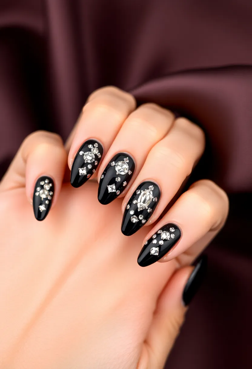 28 Bold Black Nail Ideas for Mysterious Alluring Power - 17. Black Nail Art with Crystals