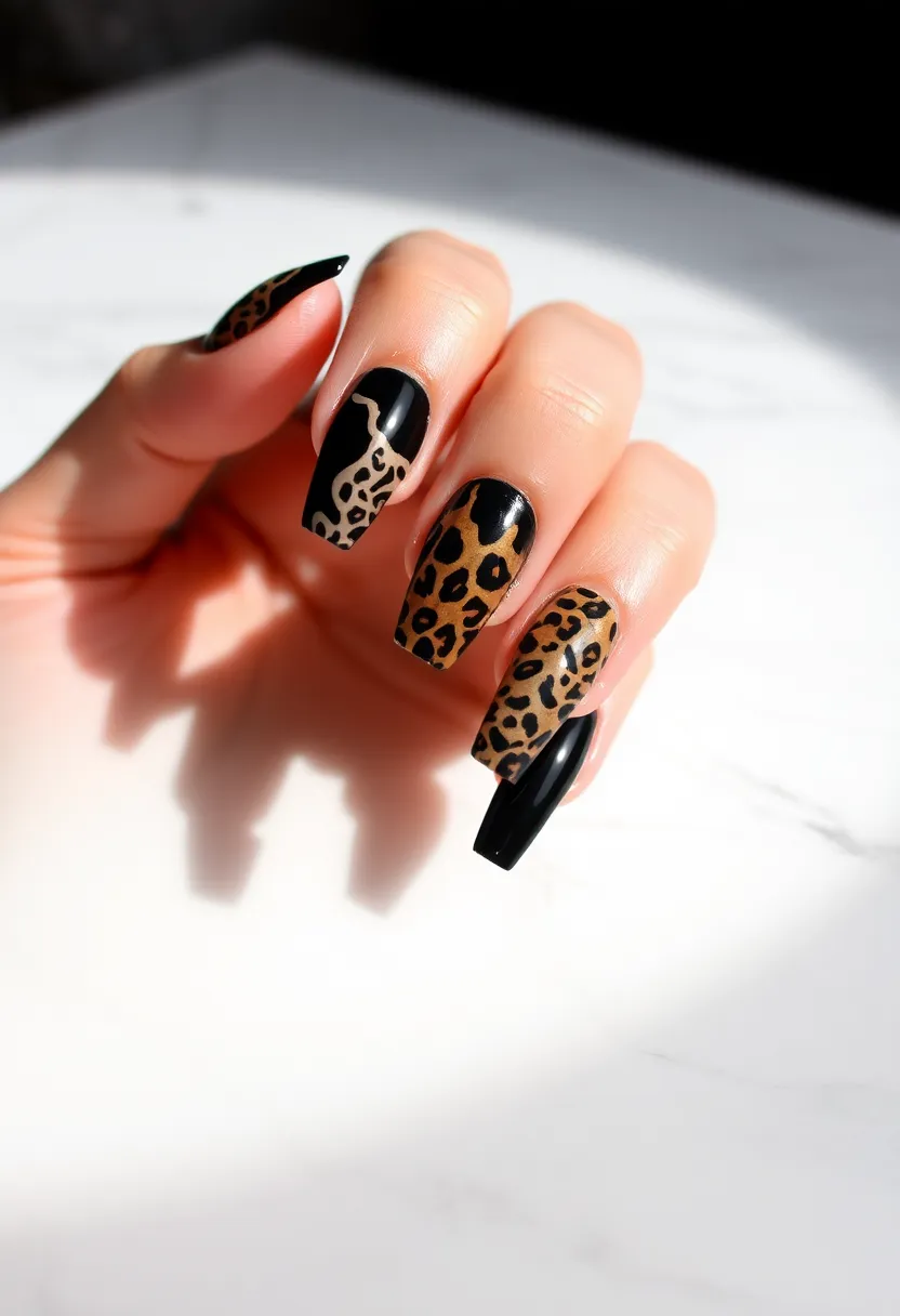 28 Bold Black Nail Ideas for Mysterious Alluring Power - 18. Black With Animal Print