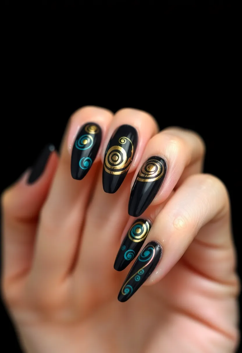 28 Bold Black Nail Ideas for Mysterious Alluring Power - 19. Black Spiral Designs
