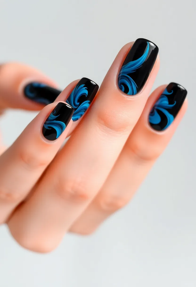 28 Bold Black Nail Ideas for Mysterious Alluring Power - 20. Black and Blue Swirls